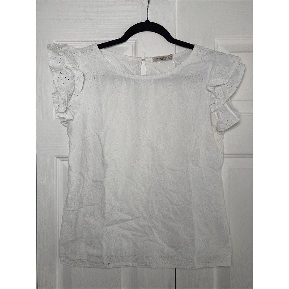Valentina Naldi Eyelet Ruffle Sleeve Top Womens Size S White Cotton Italy